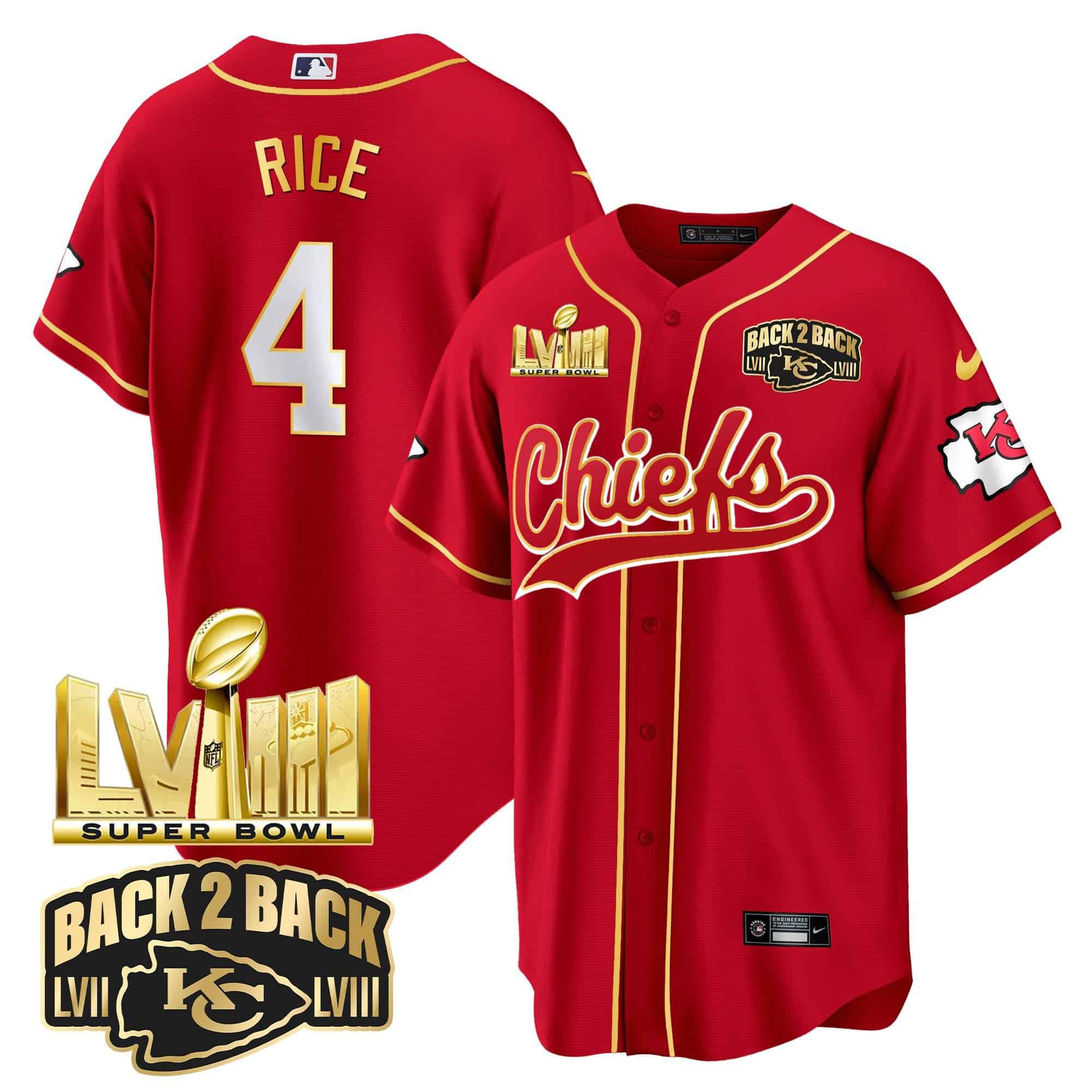 Men Kansas City Chiefs #4 Rice Red 2024 Nike Super Bowl LVIII Back-2-Back Gold Patch Baseball NFL Jersey->indianapolis colts->NFL Jersey